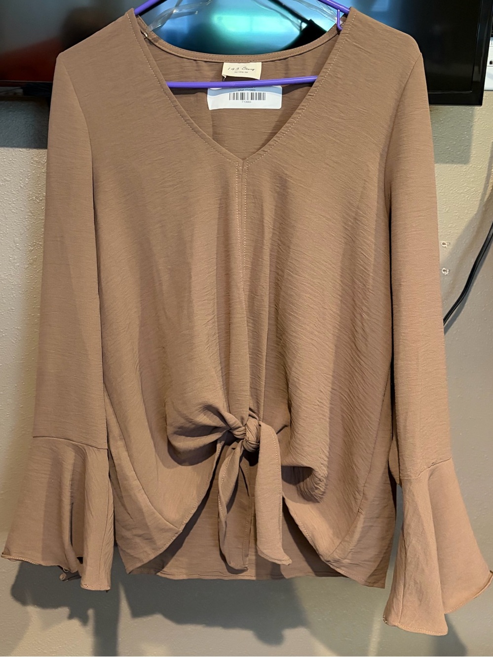 1.4.3. Story by Line Up Taupe V-Neck Tie-Front Blouse